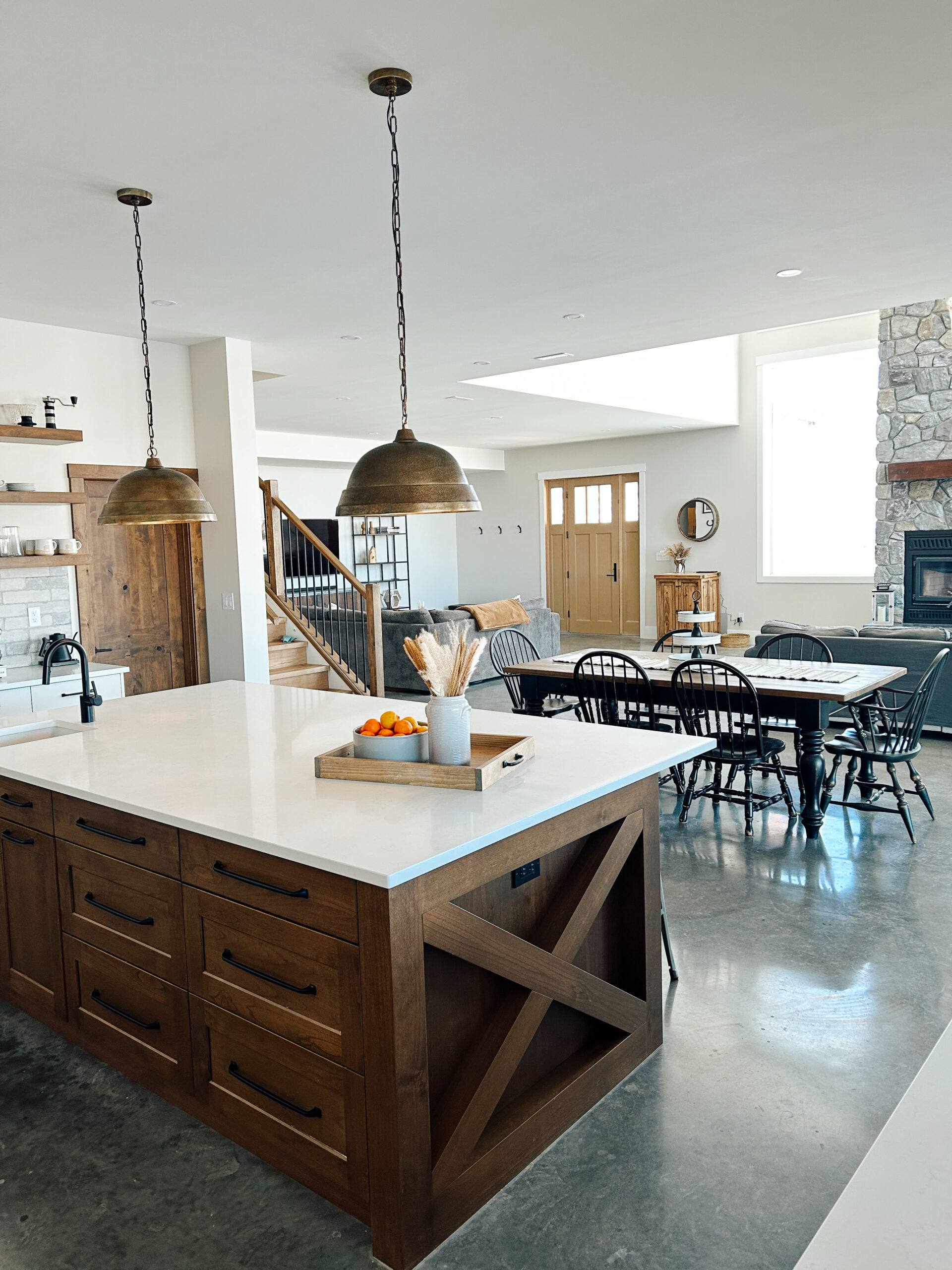 open concept modern farmhouse kitchen and living room