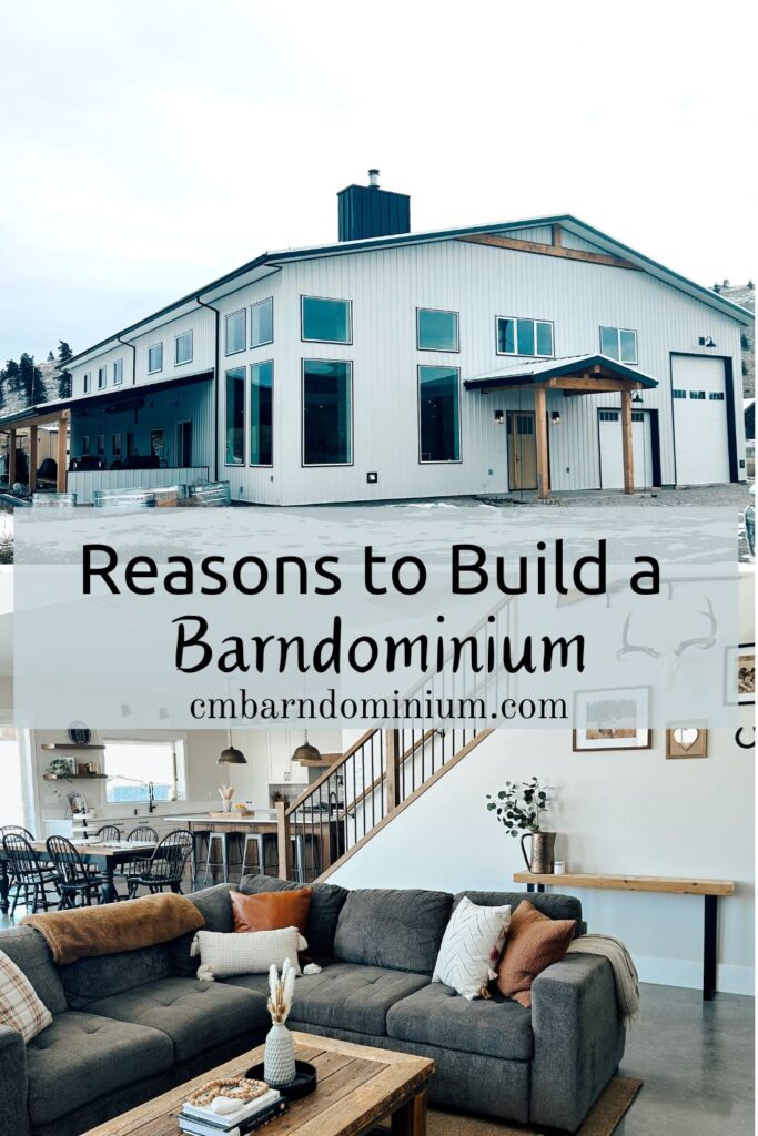 black and white barndominium home with wood and grey modern farmhouse decor