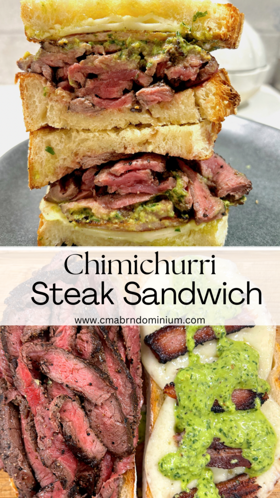 steak and cheese on sourdough bread on a black plate