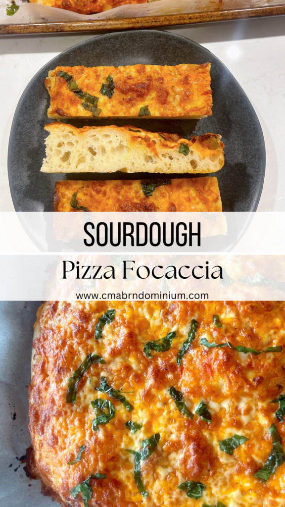 Soft Sourdough Pizza Focaccia bread with tomato sauce, cheese and fresh basil