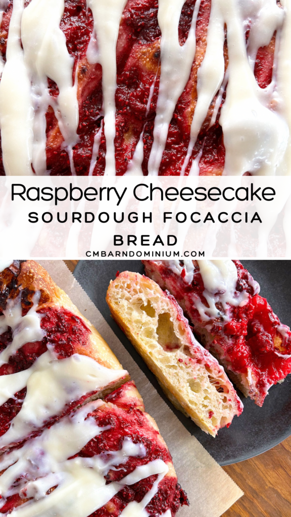 focaccia bread with raspberries and cream cheese glaze