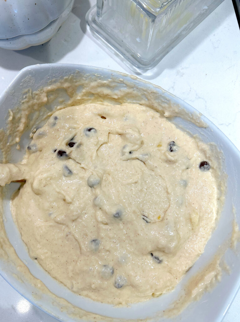 pancake batter in a white bowl