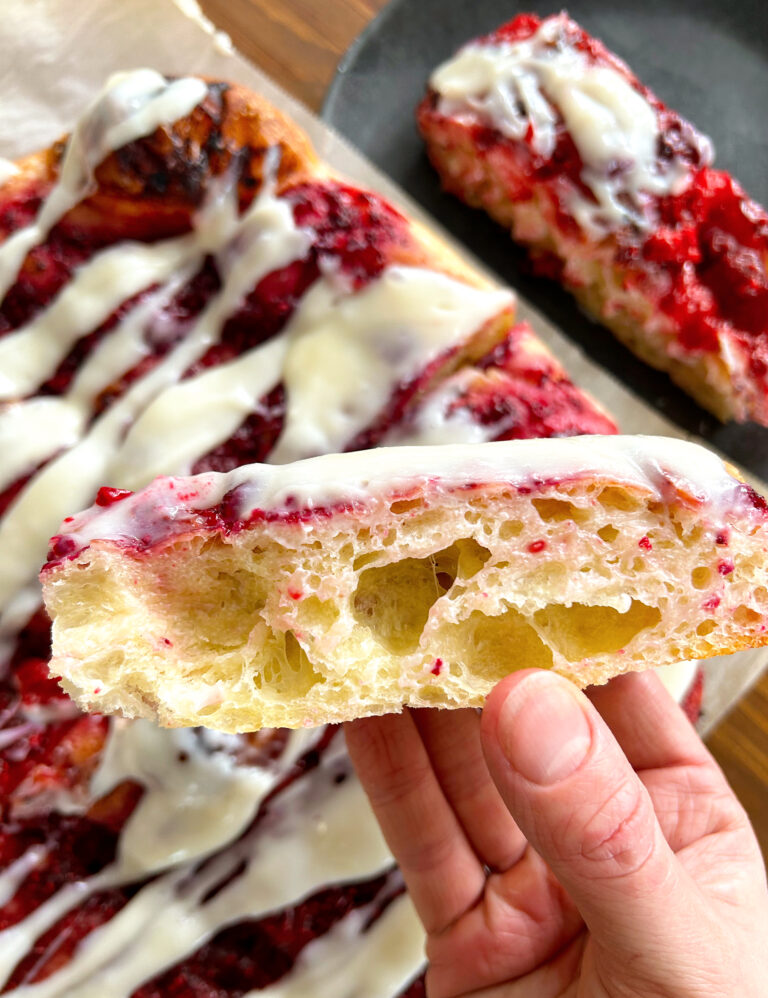 Sweet and Tangy Raspberry Cheesecake Sourdough Focaccia