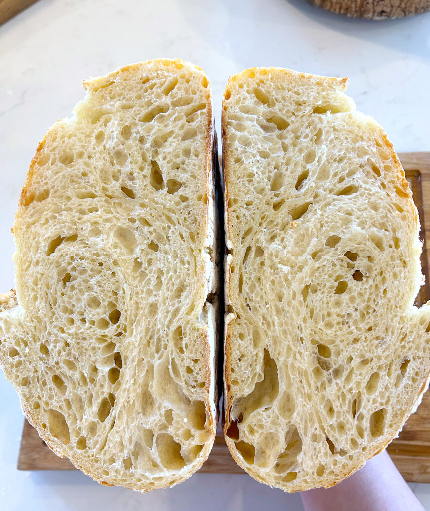 the inside of a fresh baked loaf of sourdough