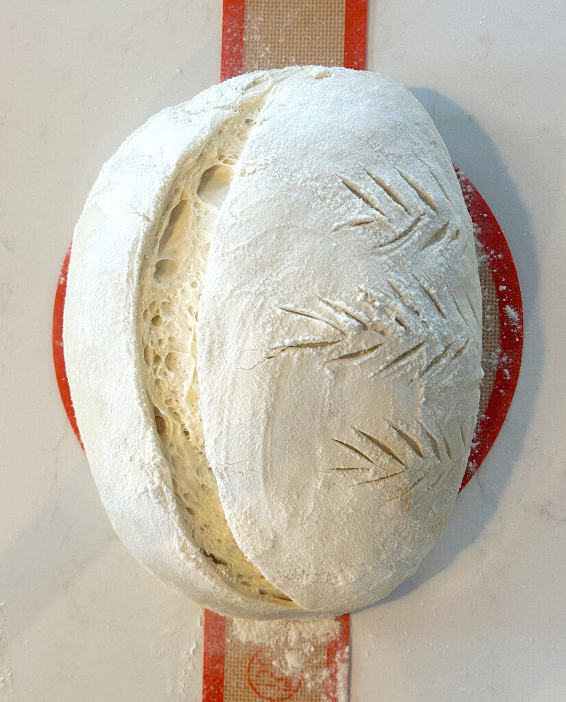 unbaked bread dough on a bread sling