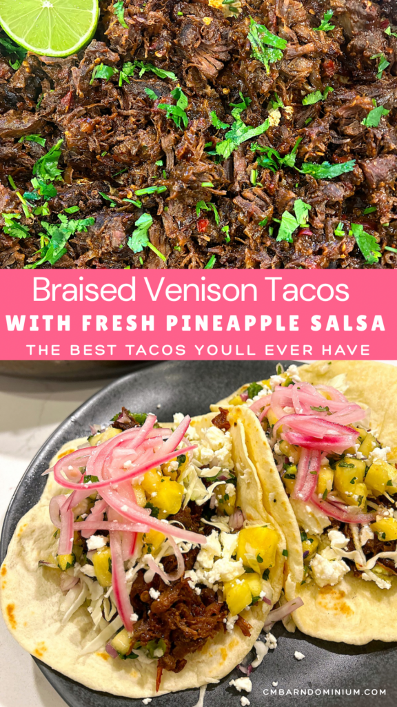 shredded meat on tacos with pineapple and pickled red onions