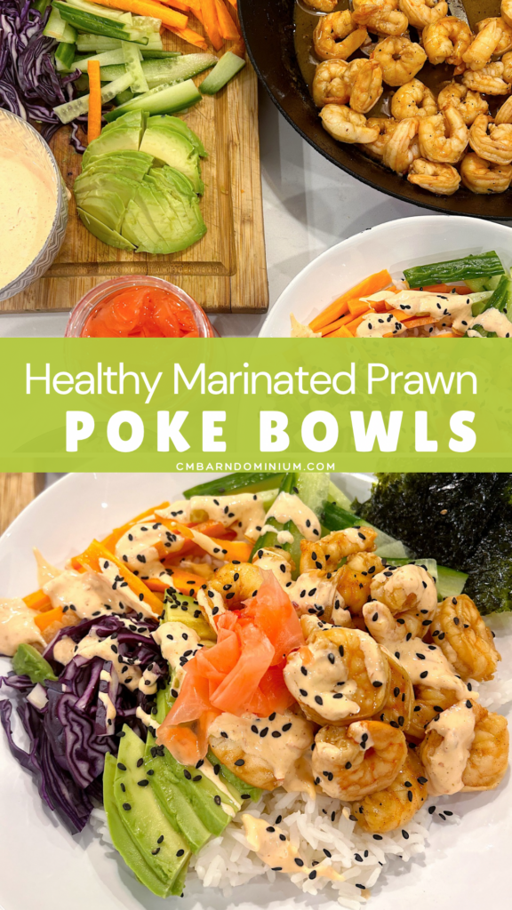 rice bowl with fresh vegetables, marinated prawn and spicy mayo