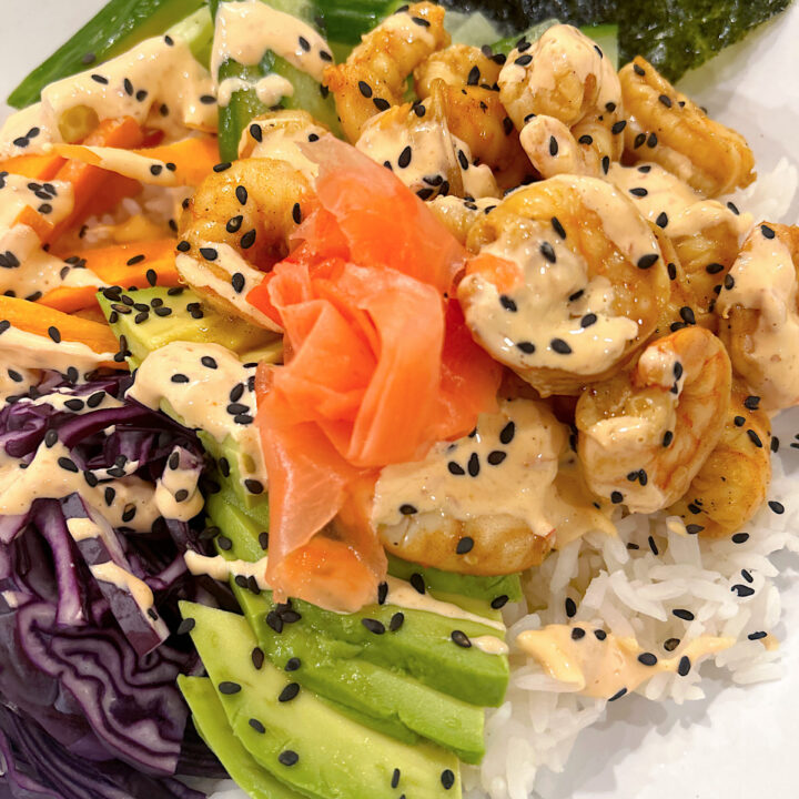 poke bowl with prawns and spicy mayo