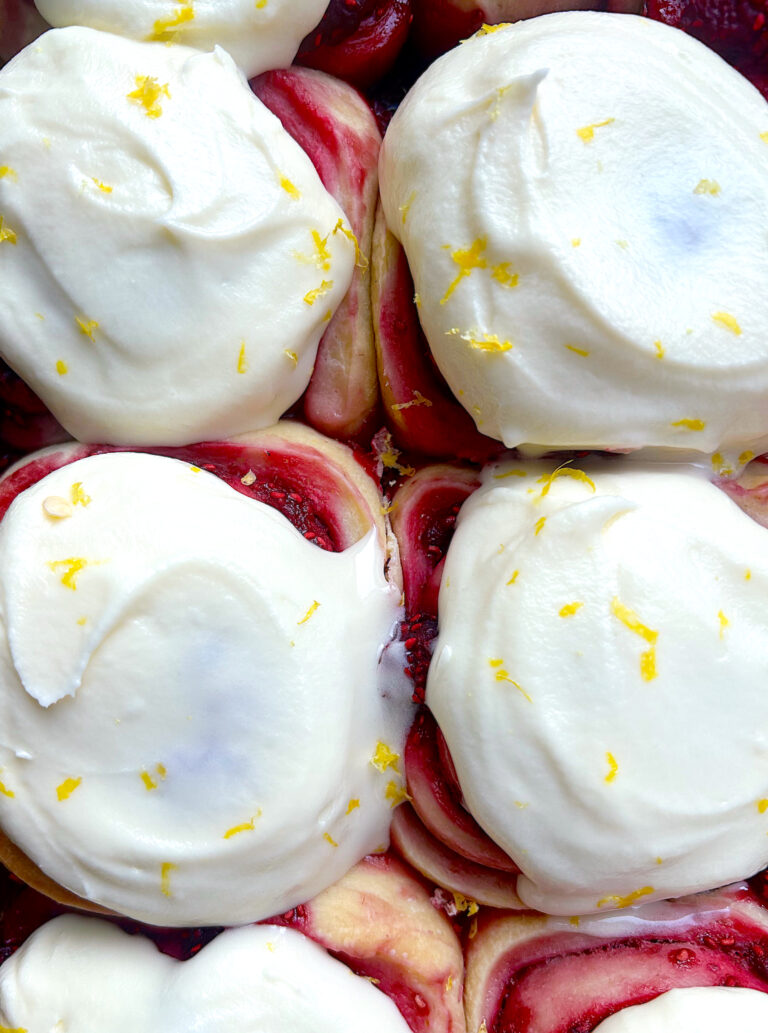 Soft Raspberry Sourdough Rolls with Lemon Cream Cheese Icing