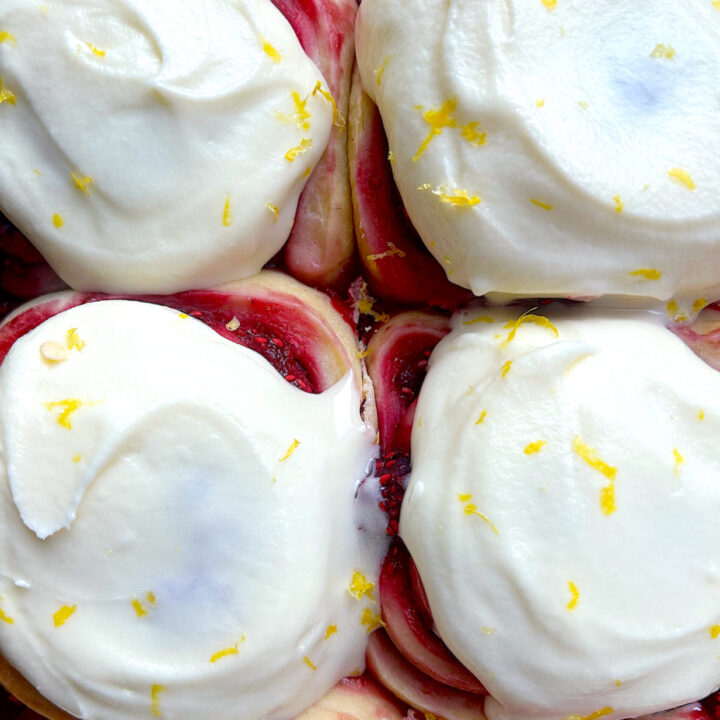 sourdough rolls with raspberry filling and cream cheese icing