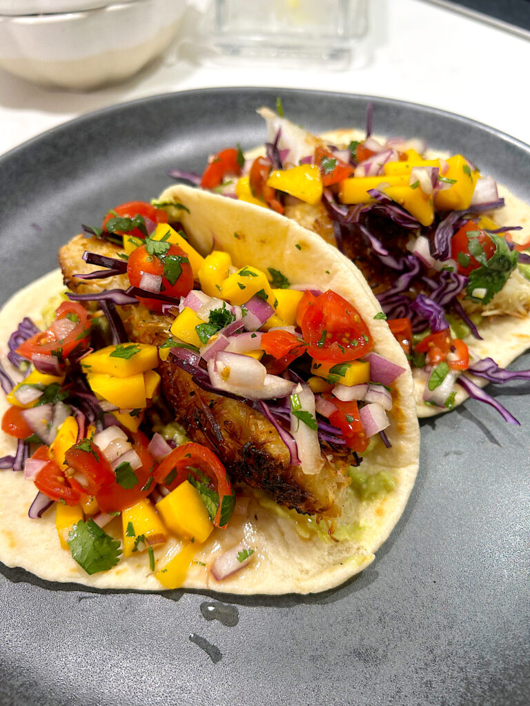 Crispy Coconut Crusted fish tacos with fresh mango salsa