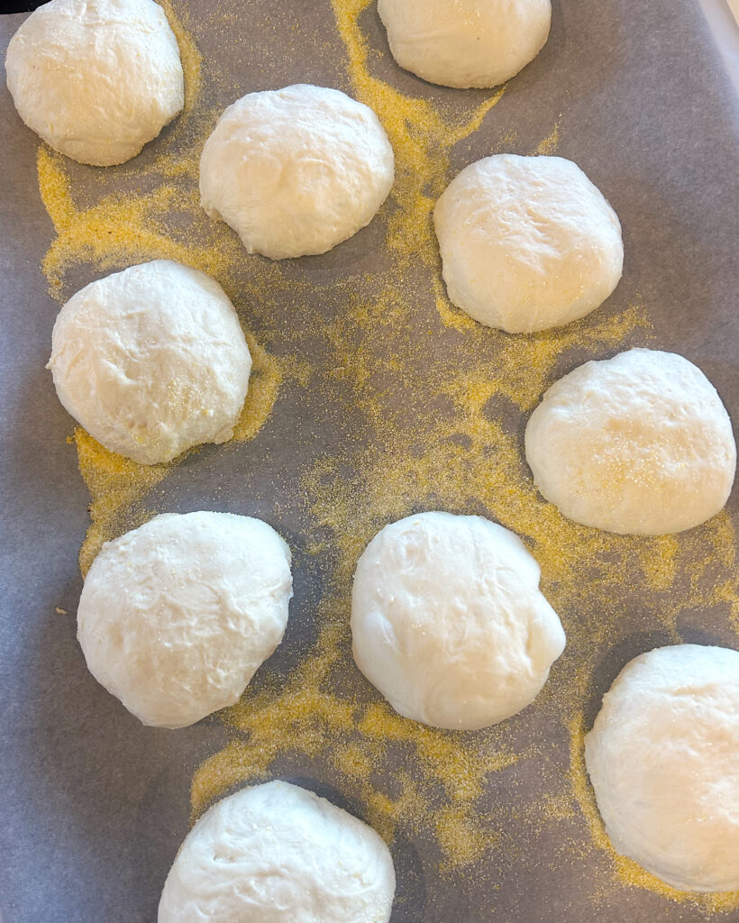 sourdough dough balls on a baking sheet
