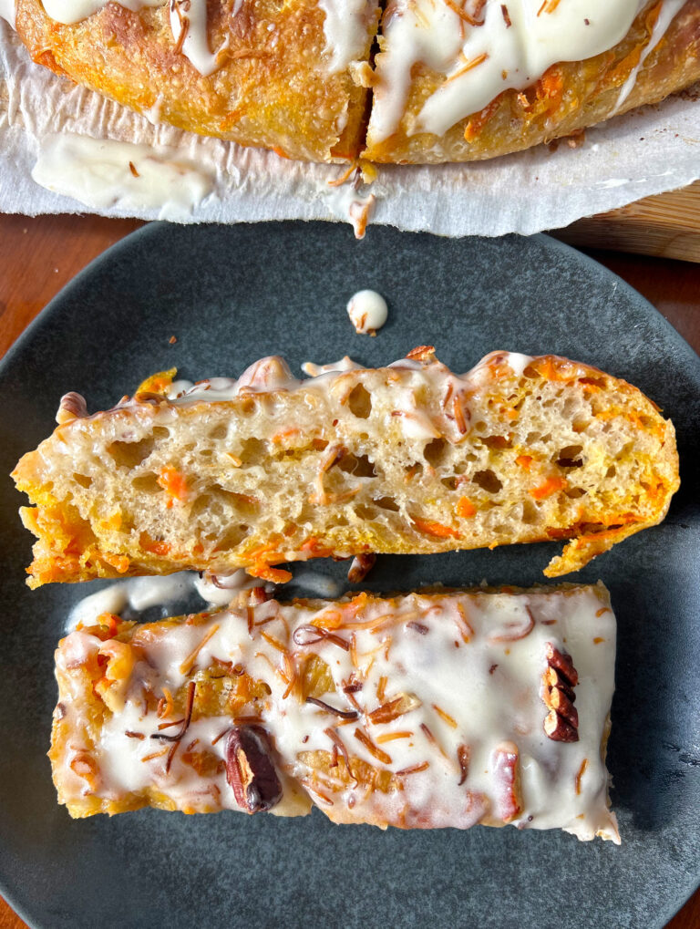 Carrot Cake Sourdough Focaccia Bread with Cream Cheese Glaze
