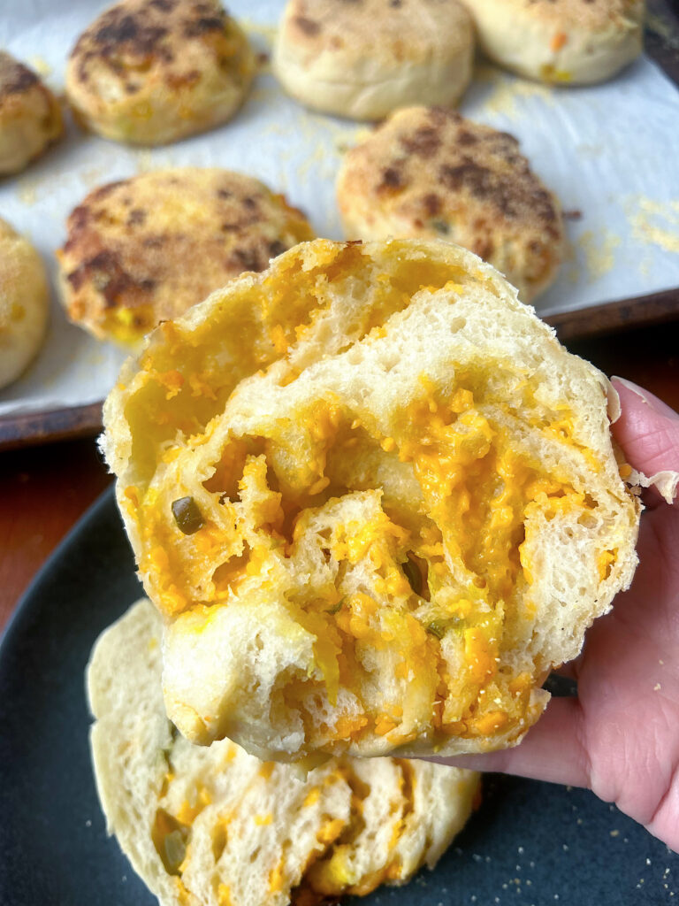 Soft & Fluffy Jalepeno Cheddar Sourdough English Muffins