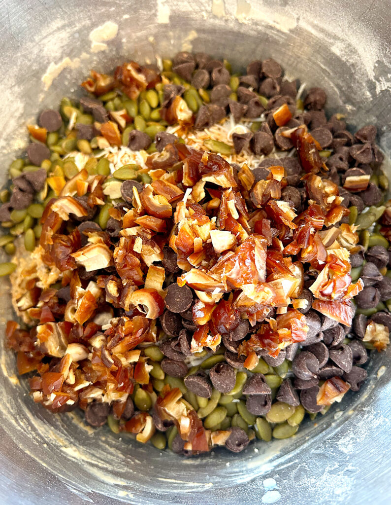 dates, chocolate and nuts in a bowl