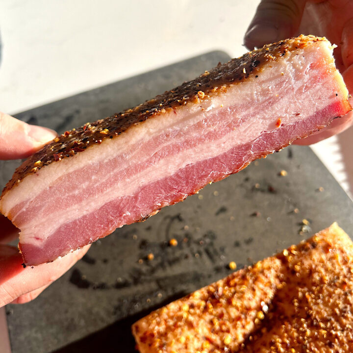 cross section of a slab of smoked bacon