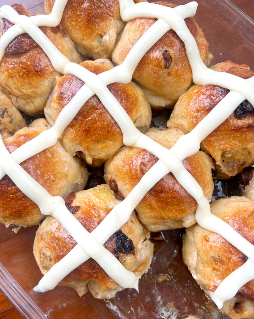 hot cross buns in a glass baking dish