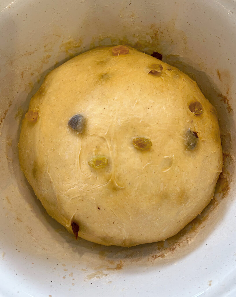 sourdough bun dough with raisins in a white bowl