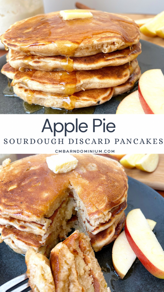 stack of pancakes on a ark blue plate with butter and syrup