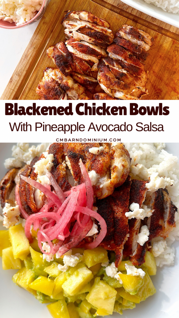 rice bowl with chicken, pineapple and pickled onions