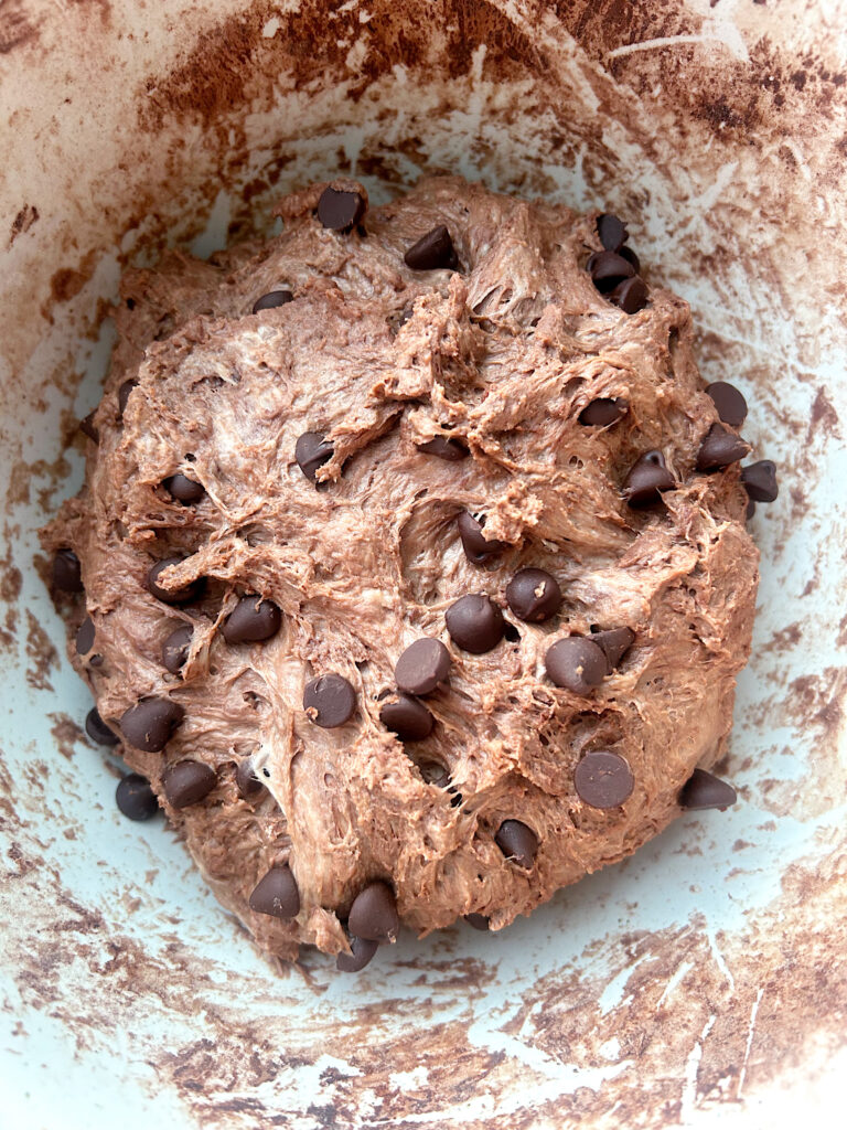 chocolate dough with chocolate chips in a white bowl