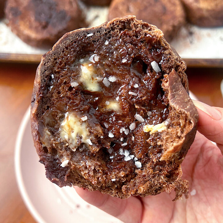 chocolate English muffin cut in half with butter and sea salt