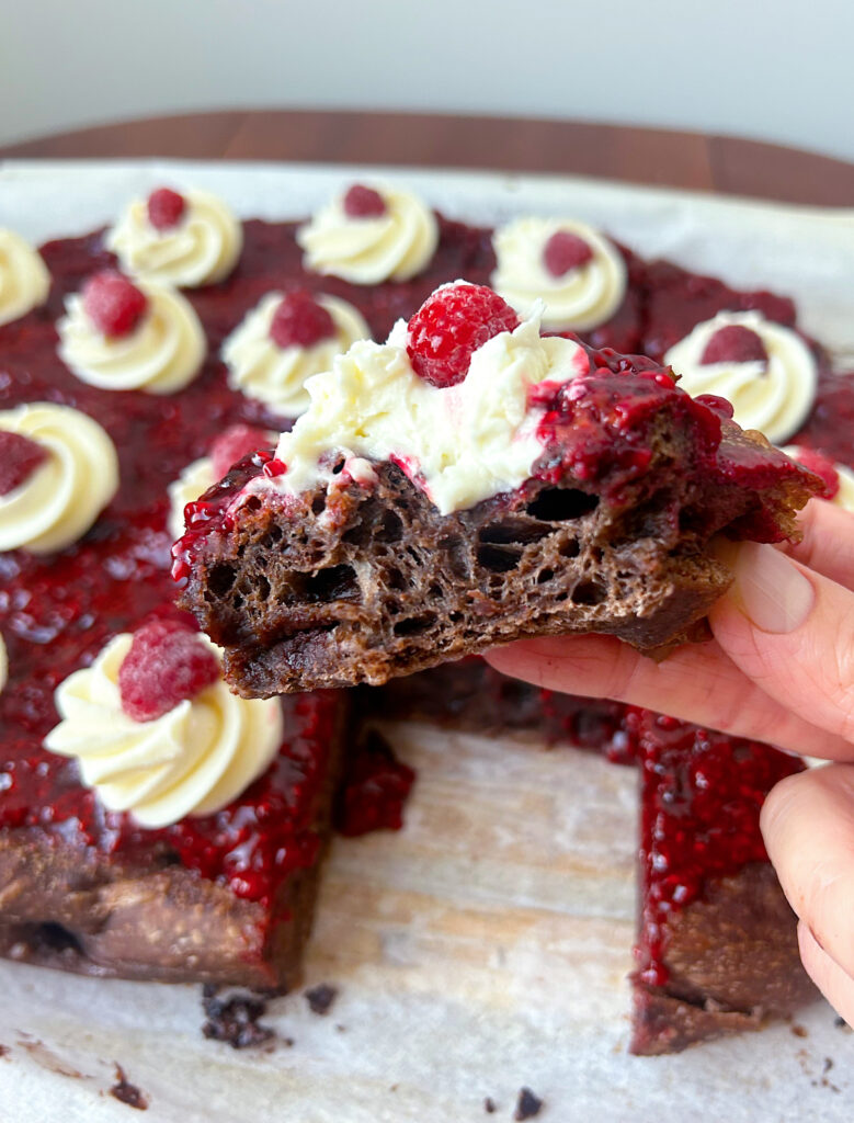 chocolate bread with raspberry sauce and whipped cream