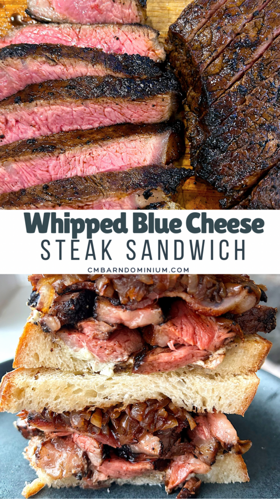 medium rare steak sandwhich with onions on a blue plate