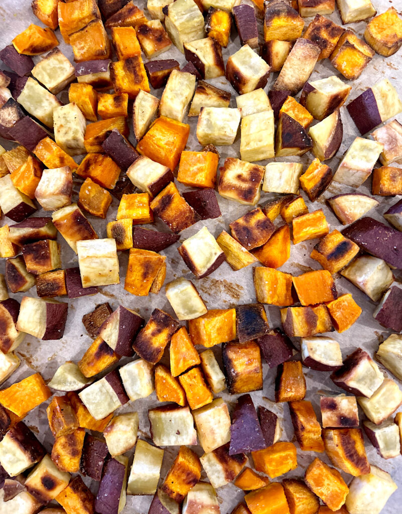 roasted sweet potatoes on a baking sheet