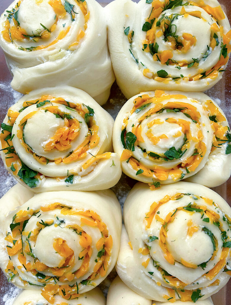 unbaked cheesy herb and butter sourdough rolls in a baking dish 