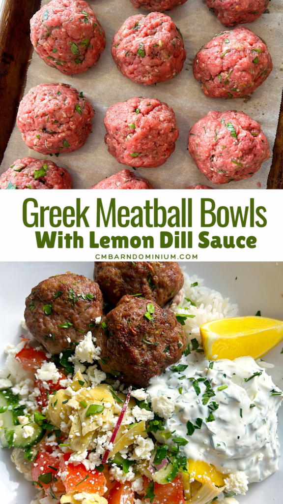 meatballs in a bowl with rice and chopped vegetables