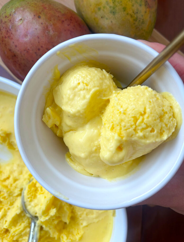 small white bowls with healthy mango ice cream