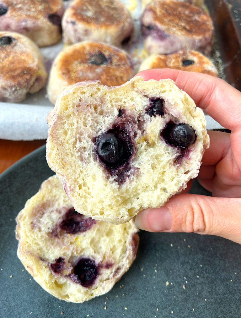 lemon blueberry sourdough english muffin cut in half