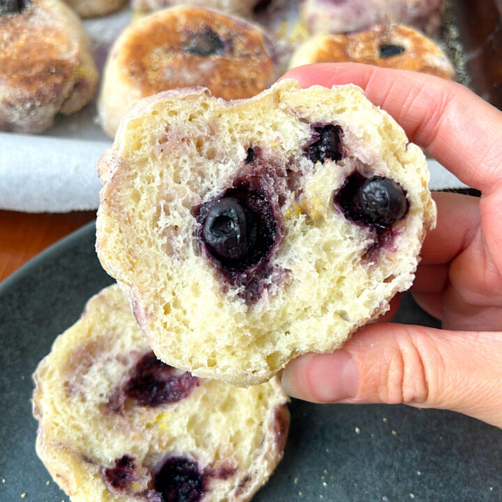 lemon blueberry sourdough english muffin cut in half