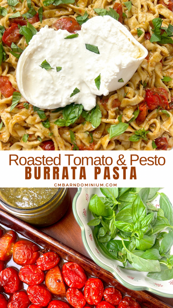 bowl of homemade pasta with tomato pesto and creamy burrata cheese on top