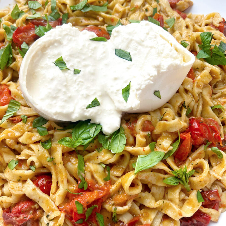 big white bowl full of pasta with tomatoes, basil and burrata cheese