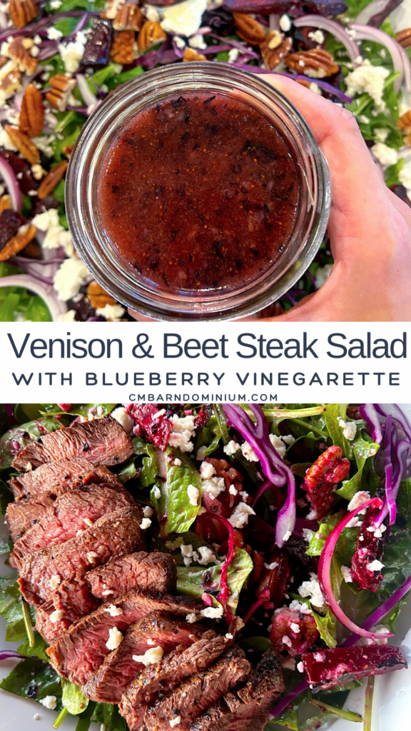 salad with beets, cabbage, pecans and venison steak