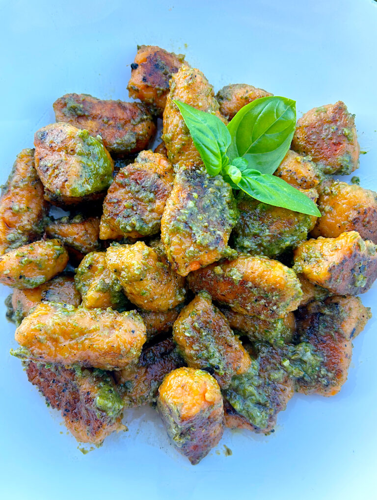 sweet potato gnocchi with pesto sauce