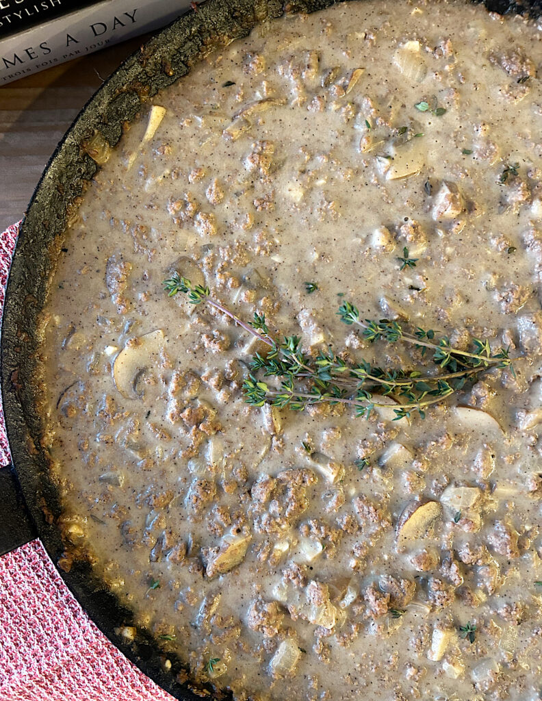 skillet full of venison stroganoff