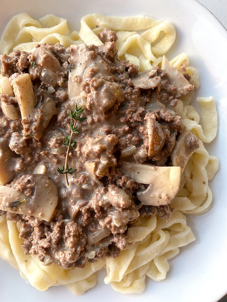Bowl of pasta with a cream mushroom and ground venison sauce