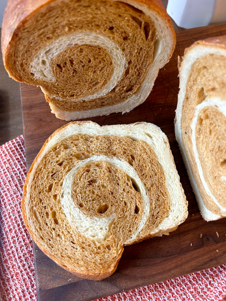 soft sandwich bread with a dark and light swirl 