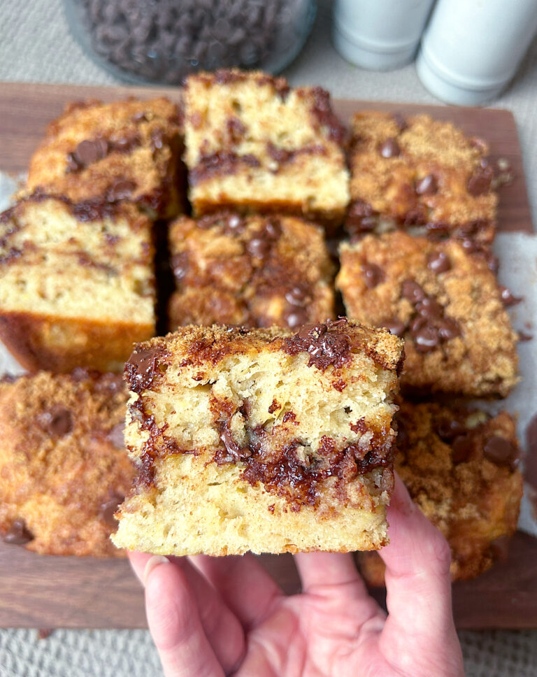 a slice of banana coffee cake with cinnamon swirl and chocolate