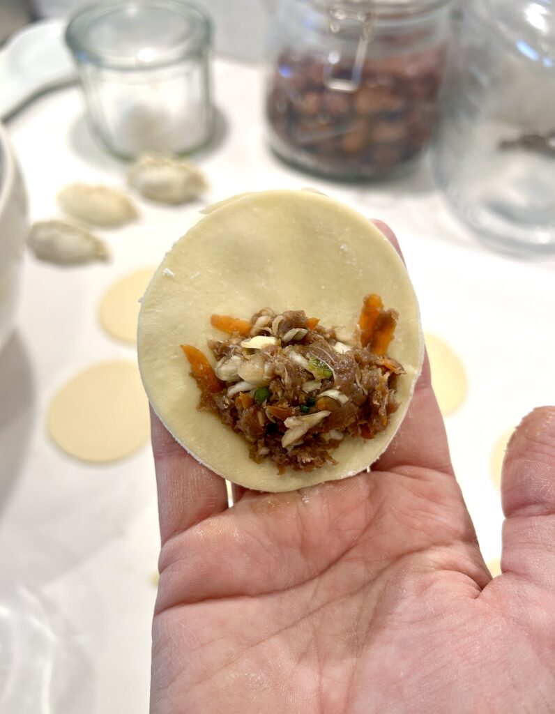 a dumpling wrapper with a spoonful of meat mixture in the centre