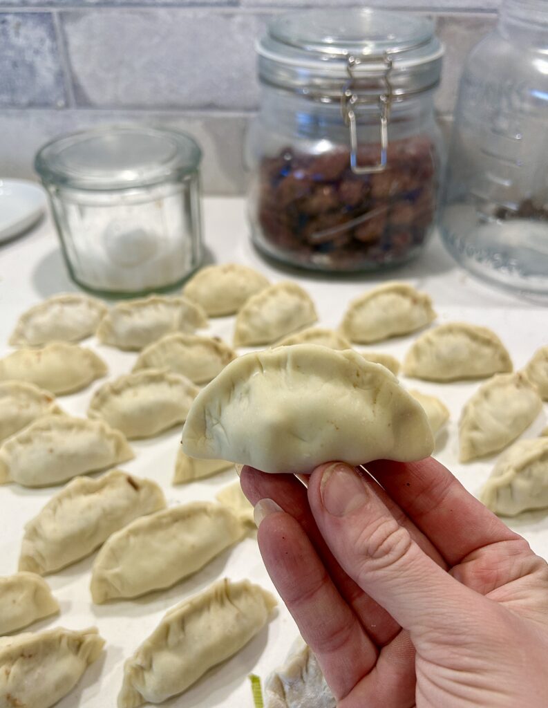 a hand holding a, uncooked dumpling