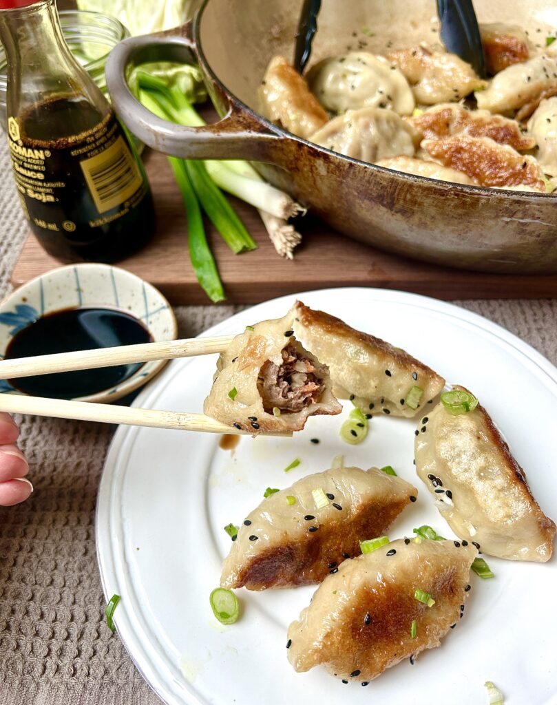 a white plate with venison dumplings on it