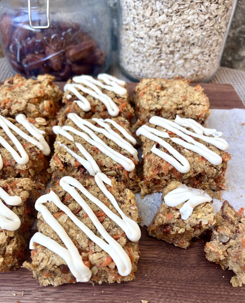 healthy oatmeal bars with carrots and apple and cream cheese icing