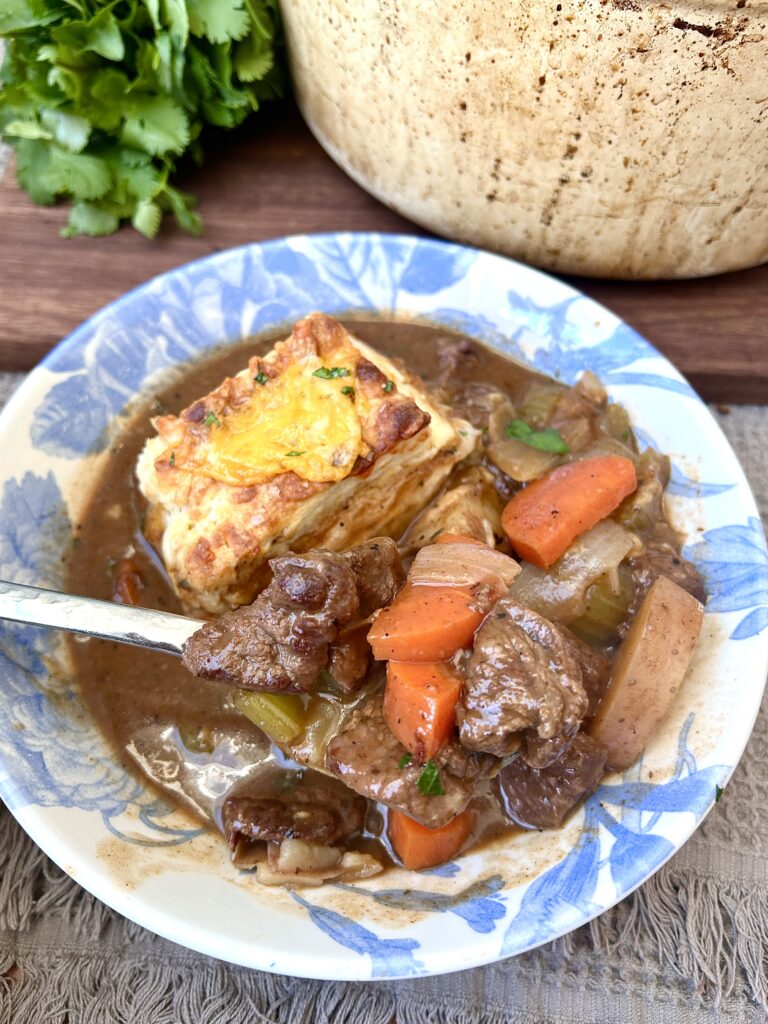 a white and blue bowl of venison stew with carrots and a biscuit