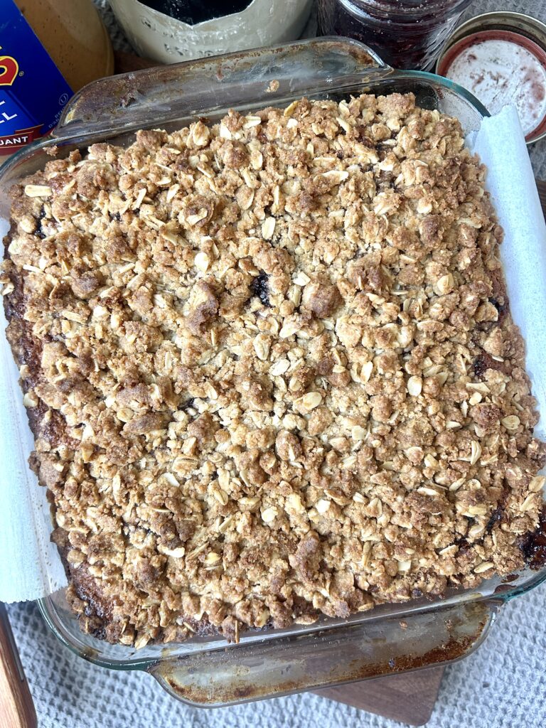 a crumble coffee cake in a square pan
