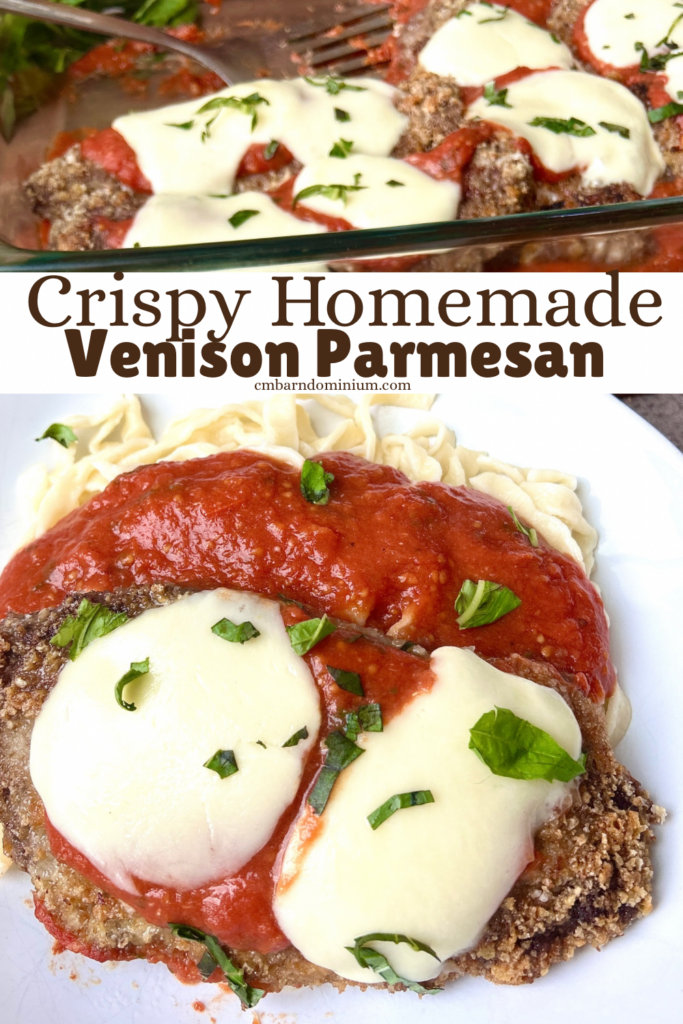 a white bowl of pasta with tomato sauce, breaded meat and mozzarella