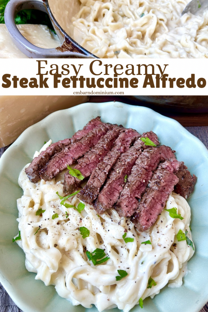a green bowl full of alfredo pasta with steak on top